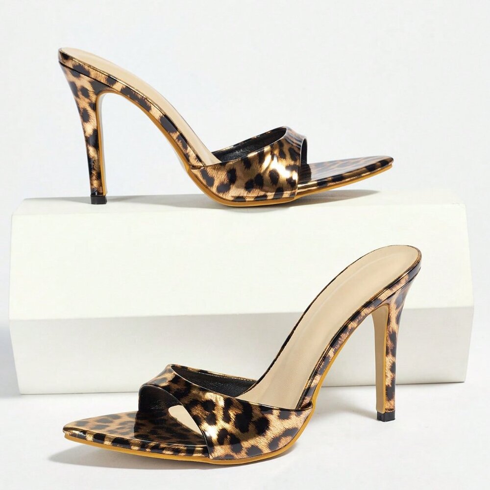 metallic Women's High Heel Leopard Print Gold Mule Shoes - Picture 6 of 7